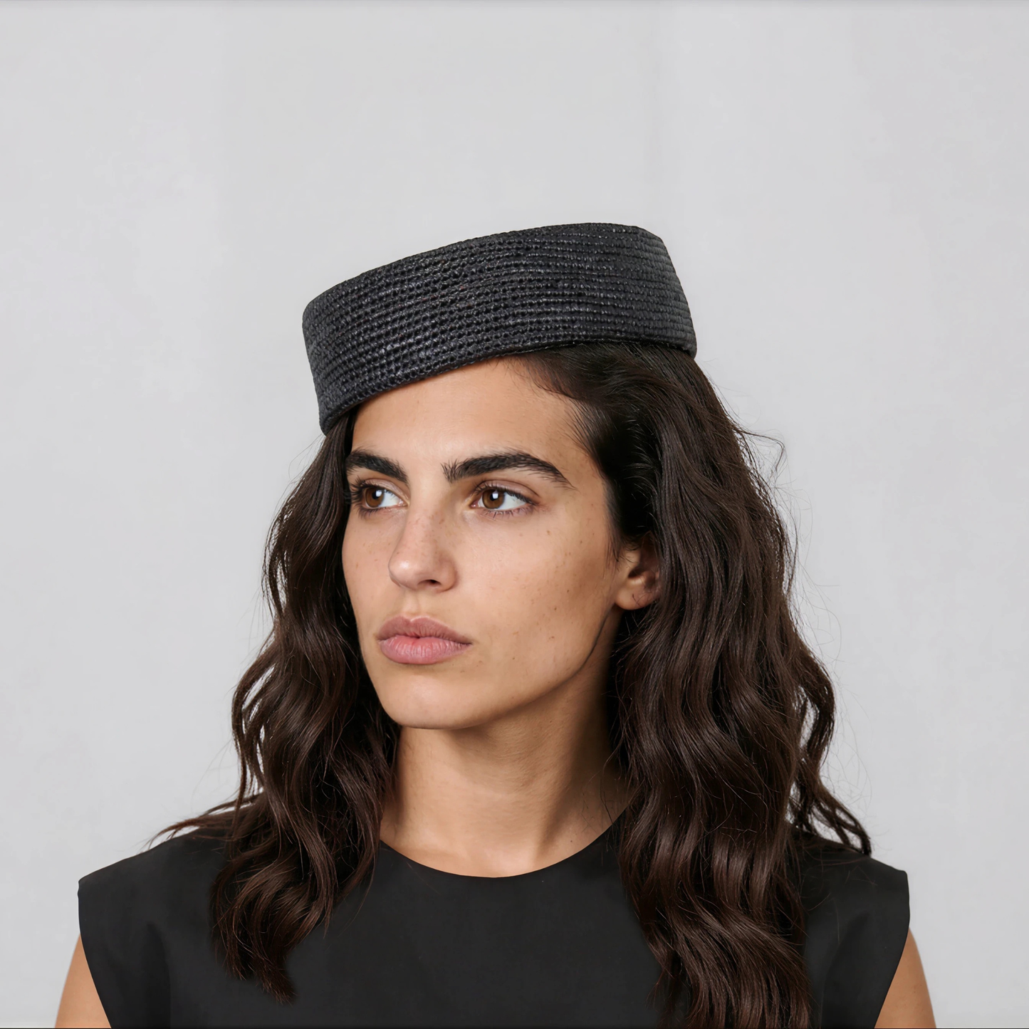 Black Raffia Crochet Pillbox Hat