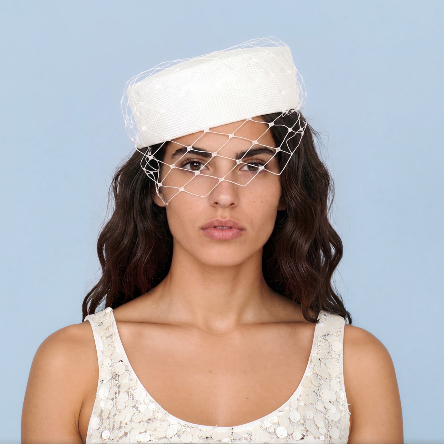 Bridal Pillbox Hat with Birdcage Veil